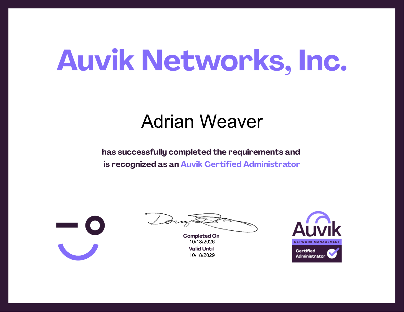 Auvik Certified Administrator certificate awarded to Adrian Weaver, valid October 2026 through October 2029